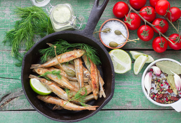 Fried small fish. Smelt.