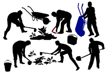 Silhouettes of farmers working with tools