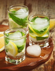 Glass of water with fresh lemon, ice and mint, selective focus