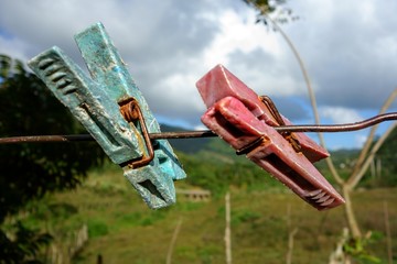 Two aged clothespin as friends on a clothes line