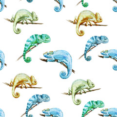 Watercolor vector pattern reptiles chameleon © Zenina-Lembrik