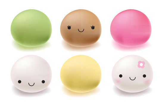 Japanese Mochi Rice Dessert. Vector Set Of Sweets.