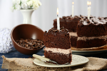 Fototapeta na wymiar Delicious chocolate cake on table on light background