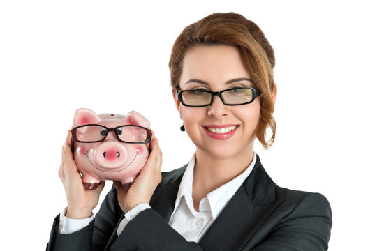 Happy Woman Wearing Glasses Holding Funny Piggybank