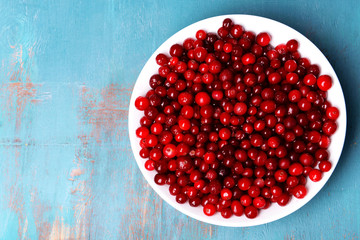 Cranberries in bowl on wooden background