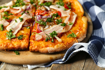 Tasty pizza on table close up
