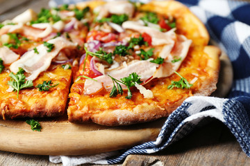 Tasty pizza on table close up