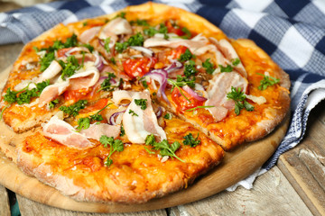 Tasty pizza on table close up