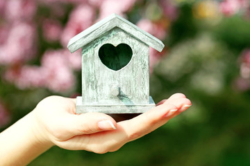 Decorative nesting box in female hands on blooming garden background
