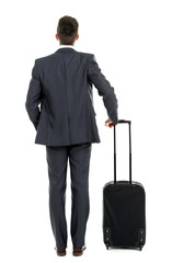 Man holding suitcase isolated on white