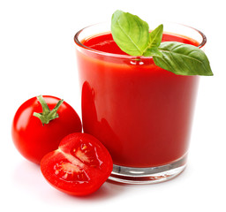 Glass of fresh tomato juice isolated on white