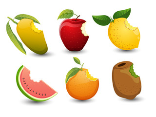 Fruits are bite marks isolated on white background