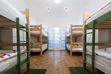 Bunk beds in a hostel room