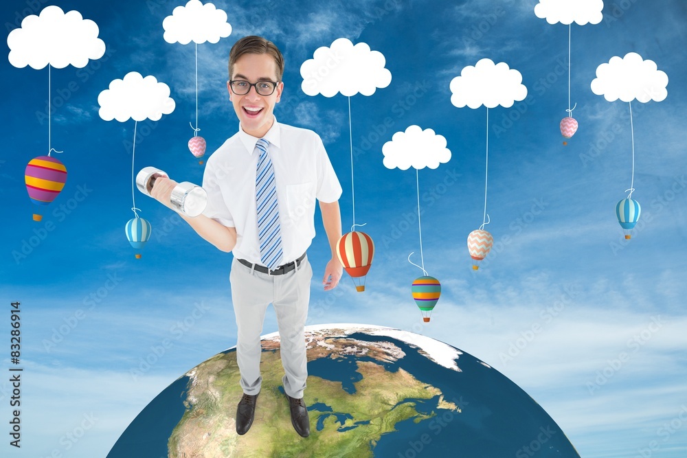 Poster composite image of geeky happy businessman lifting dumbbell