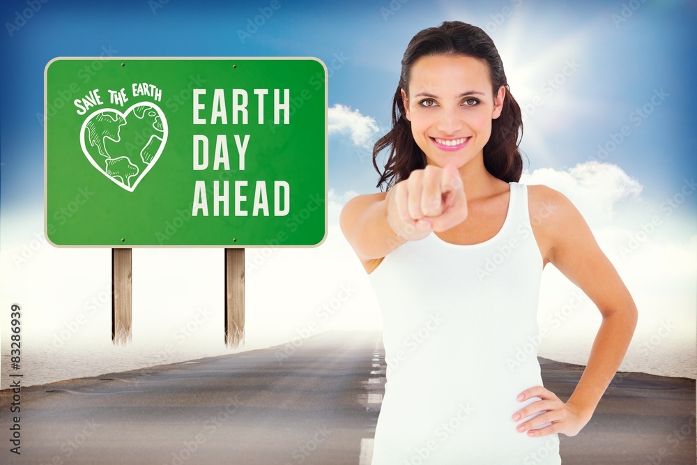 Poster Composite image of pretty brunette pointing with finger