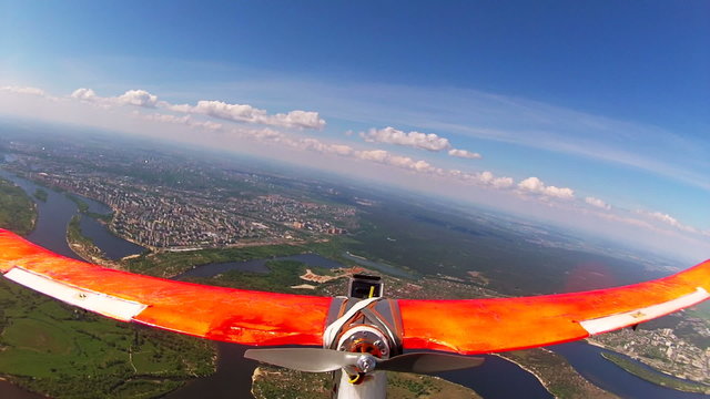 Plane model in planning at  height of 1.5 kilometers. Aerial  