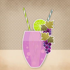 Cocktail grape background. Glass of drink with tubule. Retro ill