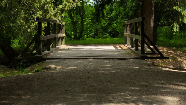 Wooden bridge over the stream in the park