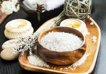 Spa Sea Salt setting with Lavender, Aromatherapy Candles and Ess