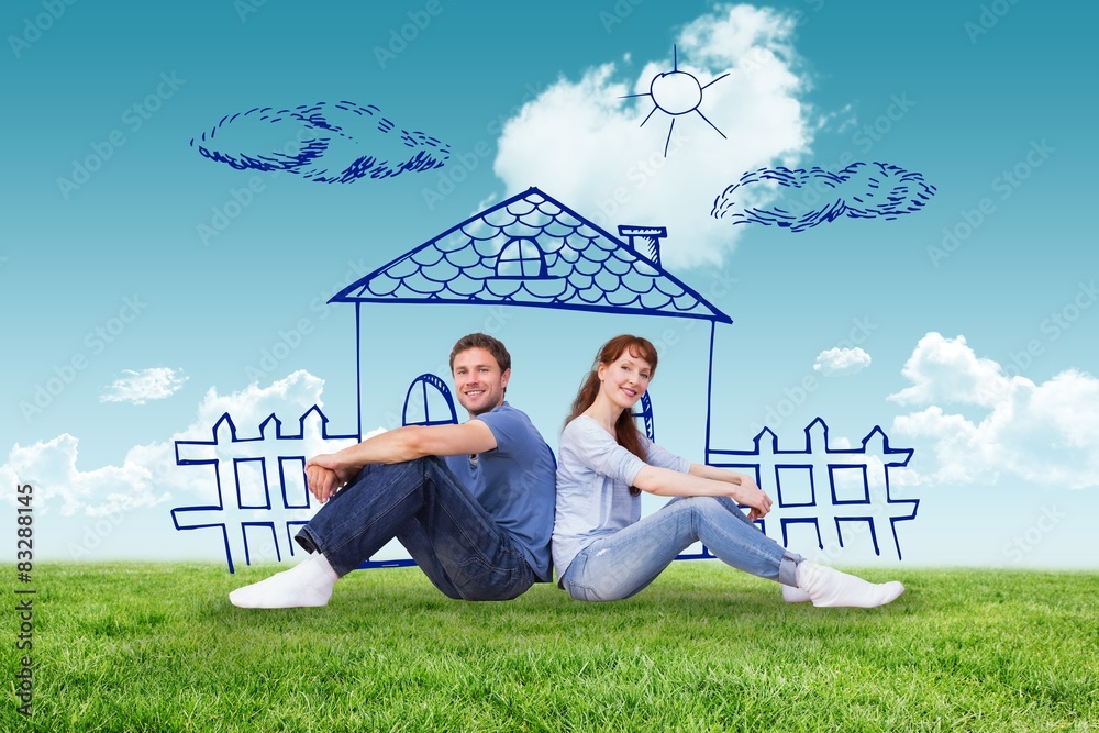 Poster composite image of couple both sitting on floor