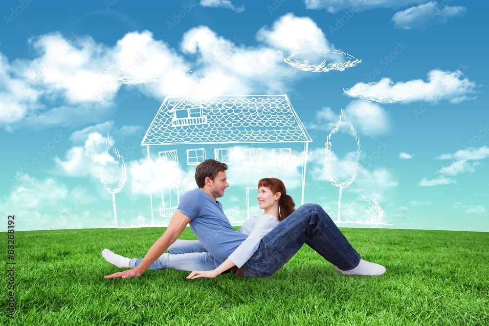 Poster composite image of couple sitting on the floor