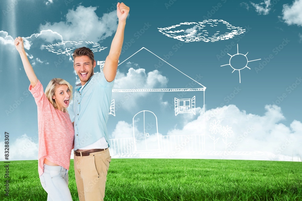 Poster composite image of attractive couple smiling and cheering