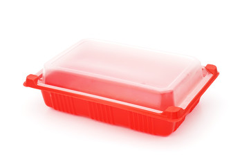 red plastic rectangle  food tray with lid on white background