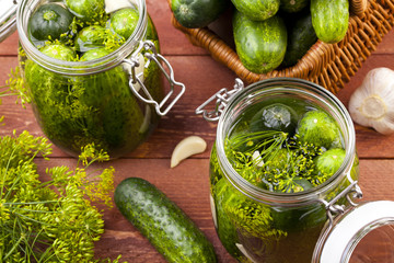 Homemade pickles in brine with garlic, dill and horseradish