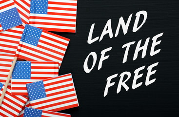 The phrase Land of the Free with USA flags on a blackboard