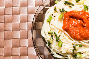 Pasta with tomato sauce close-up