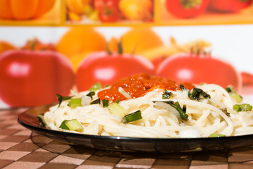 Pasta with tomato sauce close-up