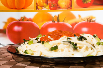 Pasta with tomato sauce close-up
