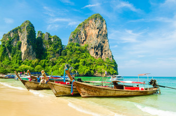 Many Boats On Beautiful Tropical Sand Beach, Krabi, Thailand
