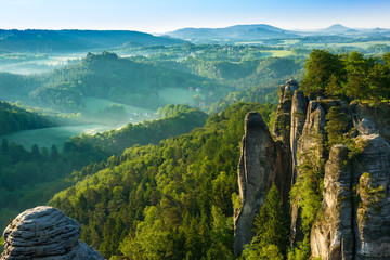 View from viewpoint of Bastei in Saxon Switzerland, Germany - obrazy, fototapety, plakaty