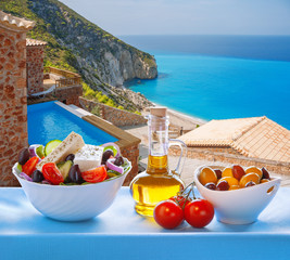 Lefkada island with Greek salad in Greece
