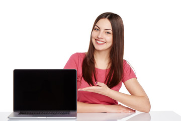 Woman showing  laptop screen