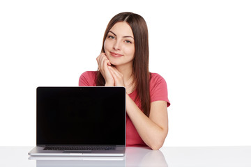 Woman showing  laptop screen