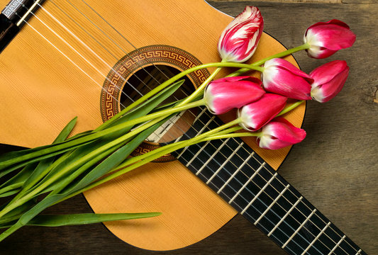 Guitars and tulips on wooden background