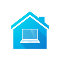 Blue house icon with a lap top