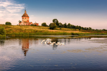 Obraz premium Rural country landscape with an old church and a pond with geese in summer in the village, Russia