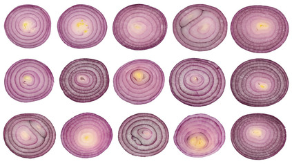 Set of red onion slices on a white