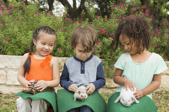 Three children seated in a row, each with a small animal on their lap.