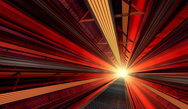 Red abstract futuristic tunnel leading into the light © mguido