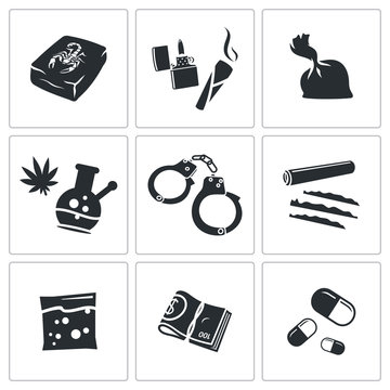 Drugs abuse icons set
