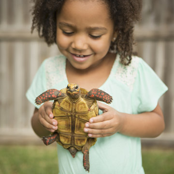 A child holding a tortoise. 