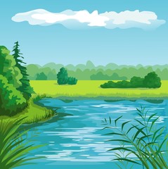 Summer landscape with pond - obrazy, fototapety, plakaty
