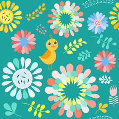 Fototapeta na wymiar Vector floral pattern with colorful flowers and birds 