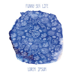 Summer background.Funny Sea Life,watercolor blue stein