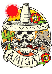Cartoon mexican bandit in a sombrero with pistols and cigar