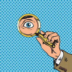 Look through a magnifying glass searching eyes pop art comics re